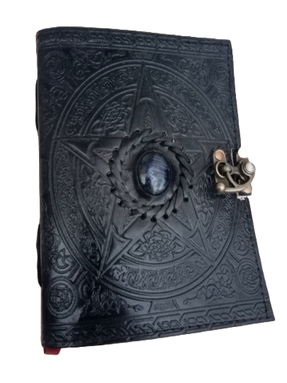 Handcrafted Pentagram Black Leather Journal | 100 Blank Pages | Grimoire, Diary & Sketchbook | 7x5 Inch