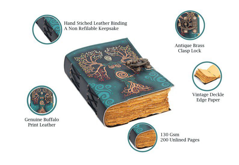 Handcrafted Tree of Life Leather Journal | 200 Unlined Pages | Diary, Grimoire & Sketchbook | 7x5 Inch